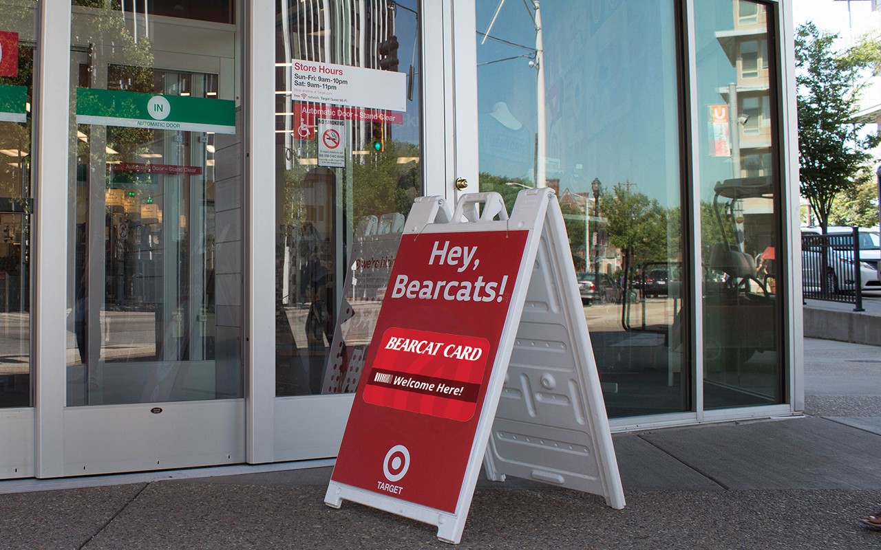 Sign outside Calhoun Target store showing they welcome the Bearcat Card