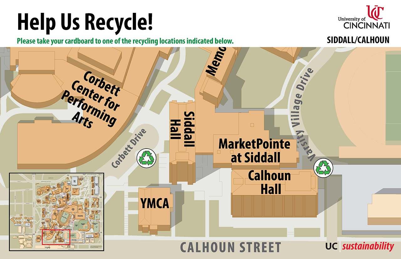 One recycling bin is at the end of Corbett Drive between Siddall and Corbett Center for the Performing Arts, and the other is at the Northeast corner of Calhoun, near Gettler Stadium.