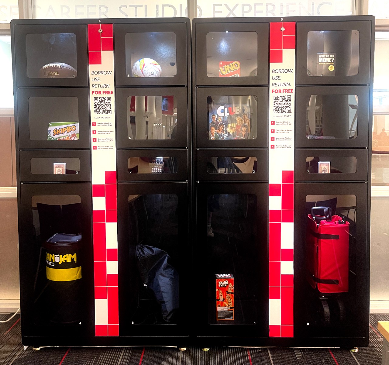 Set of lockers using QR codes to make items available for free rental