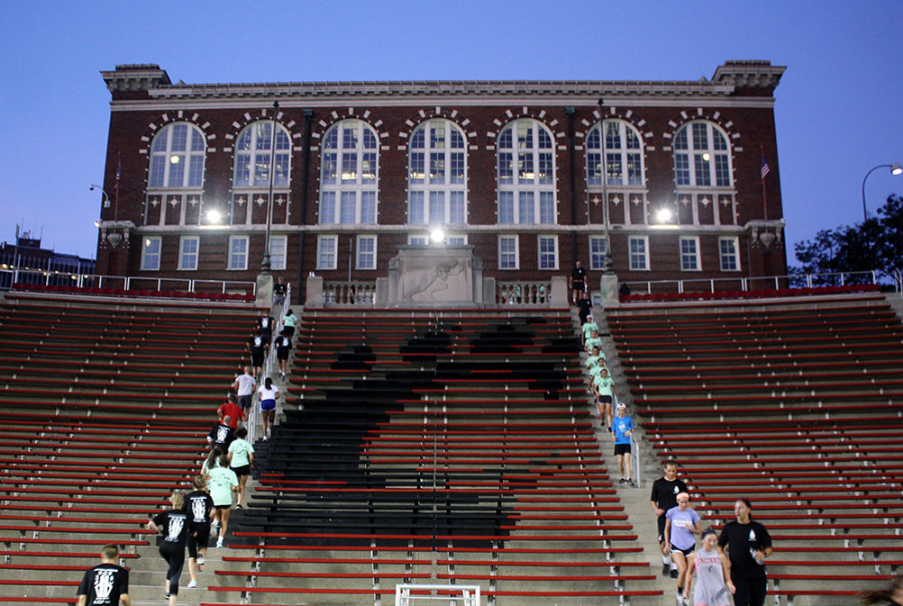 Participants running the stairs of Nippert Stadium for 9/11 Memorial Stair Run