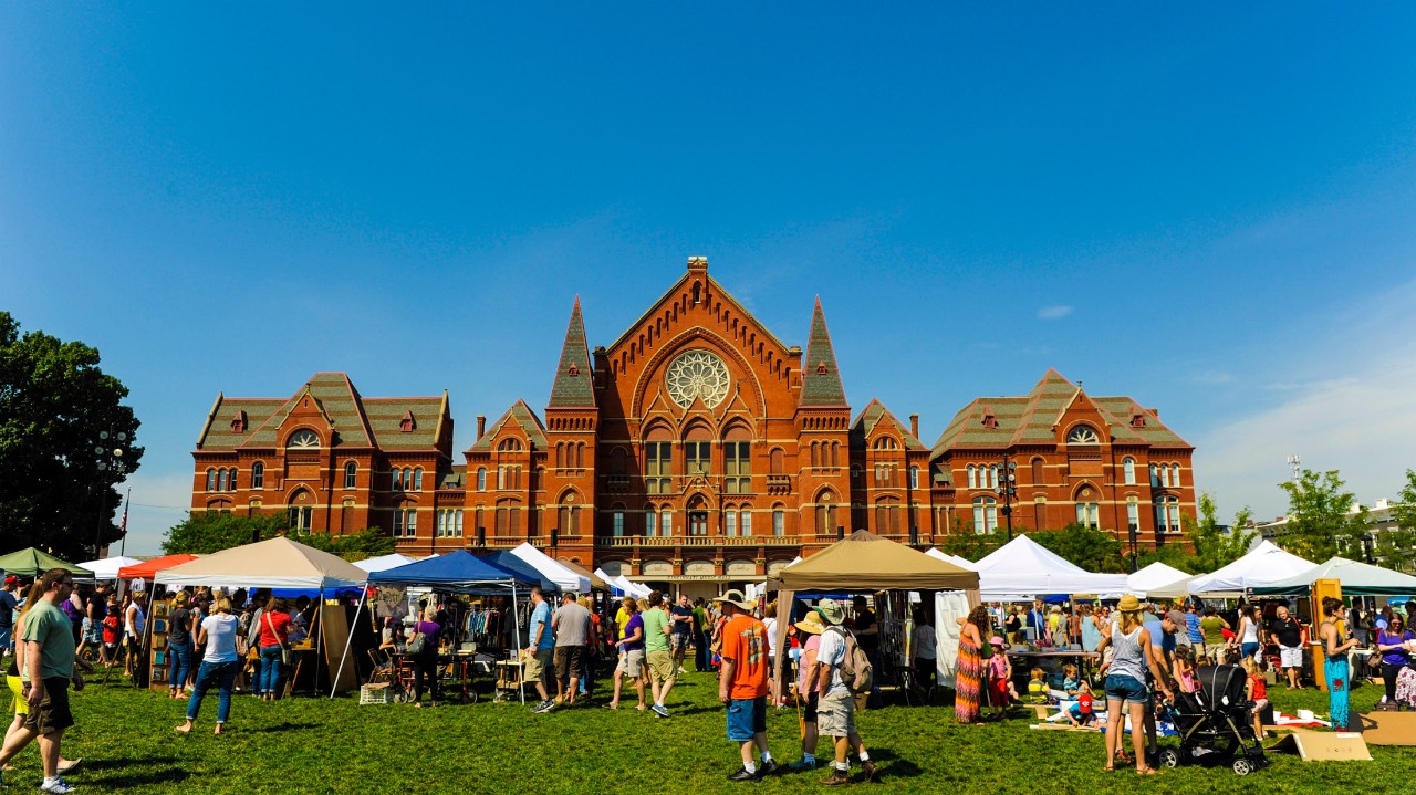 Cincinnati's Music Hall, as seen from Washington Park