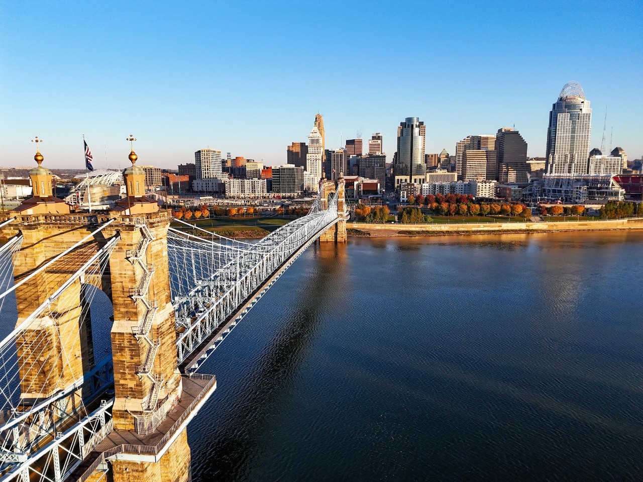 Skyline
Drone photo of Cincinnati city skyline from above the Ohio River. Roebling Suspension Bridge