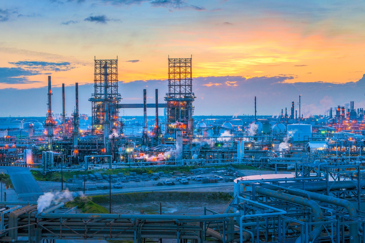 view of Galveston Bay refinery at dusk. 