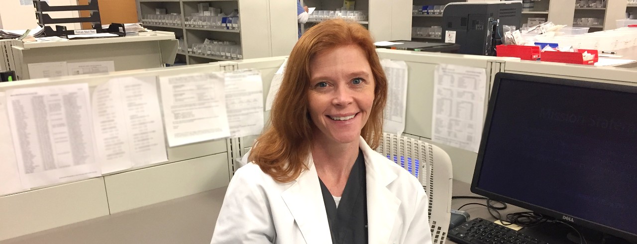 Pharmacist Erin Goodwin at her desk at Mercy Hospital