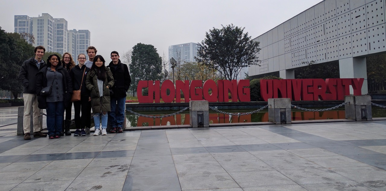 Laura Stegner and several UC engineering students stand with their Chinese exchange peers at Chongqing University in China.