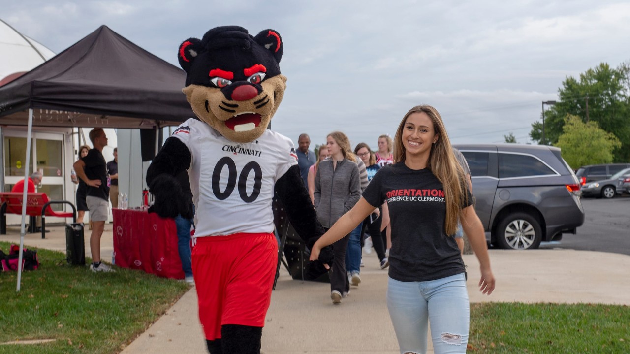 Bearcat walking with student