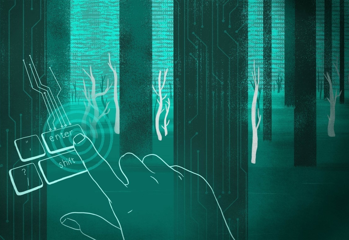 An illustration of a hand activating the enter key of a keyboard with a background of digital trees.