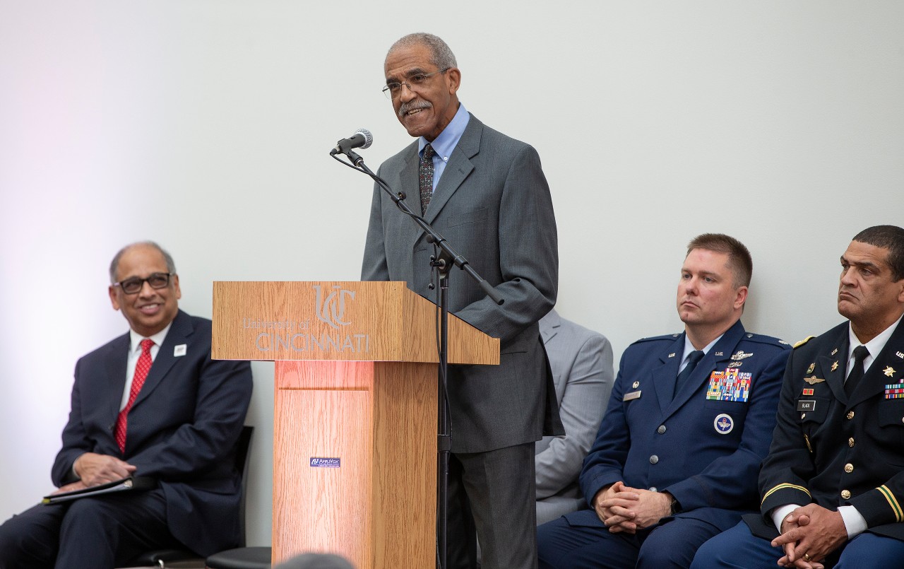 Dr. Neville Pinto University of Cincinnati president spoke during the Veterans Day ceremony at (TUC) Tangeman University Center November 8, 2019. UC/Joseph Fuqua II