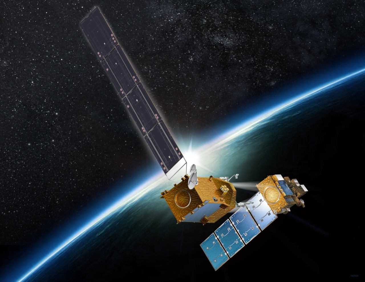 An illustration shows a satellite docking with another in space.