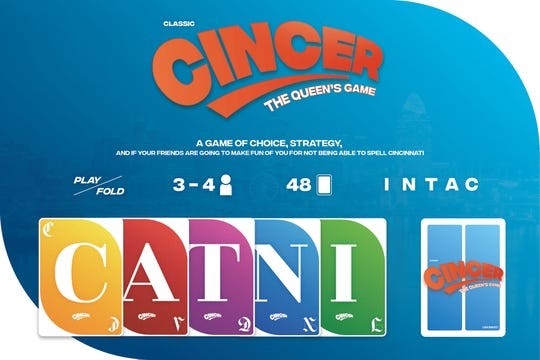 Five playing cards with the letters C, A, T, N and I beneath a "Cincer" logo