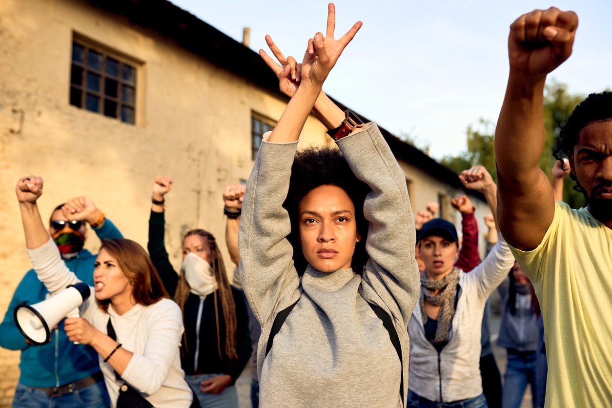 Multi-racial group of protestors