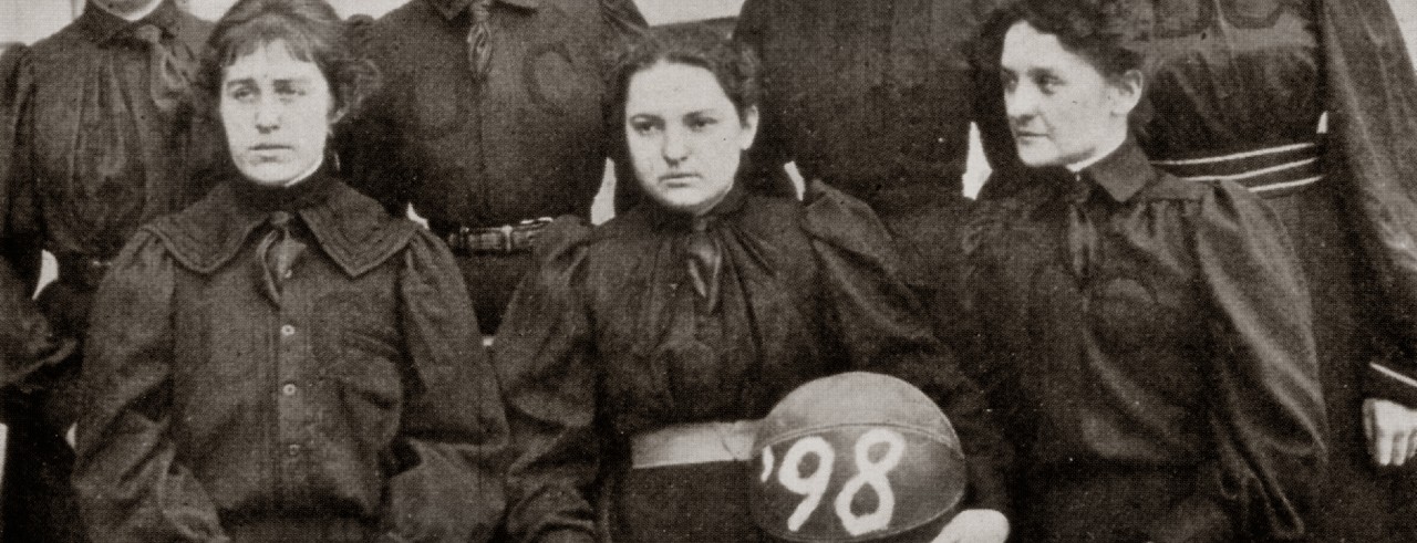 Black and white photos of 1898 UC Women's basketball team
