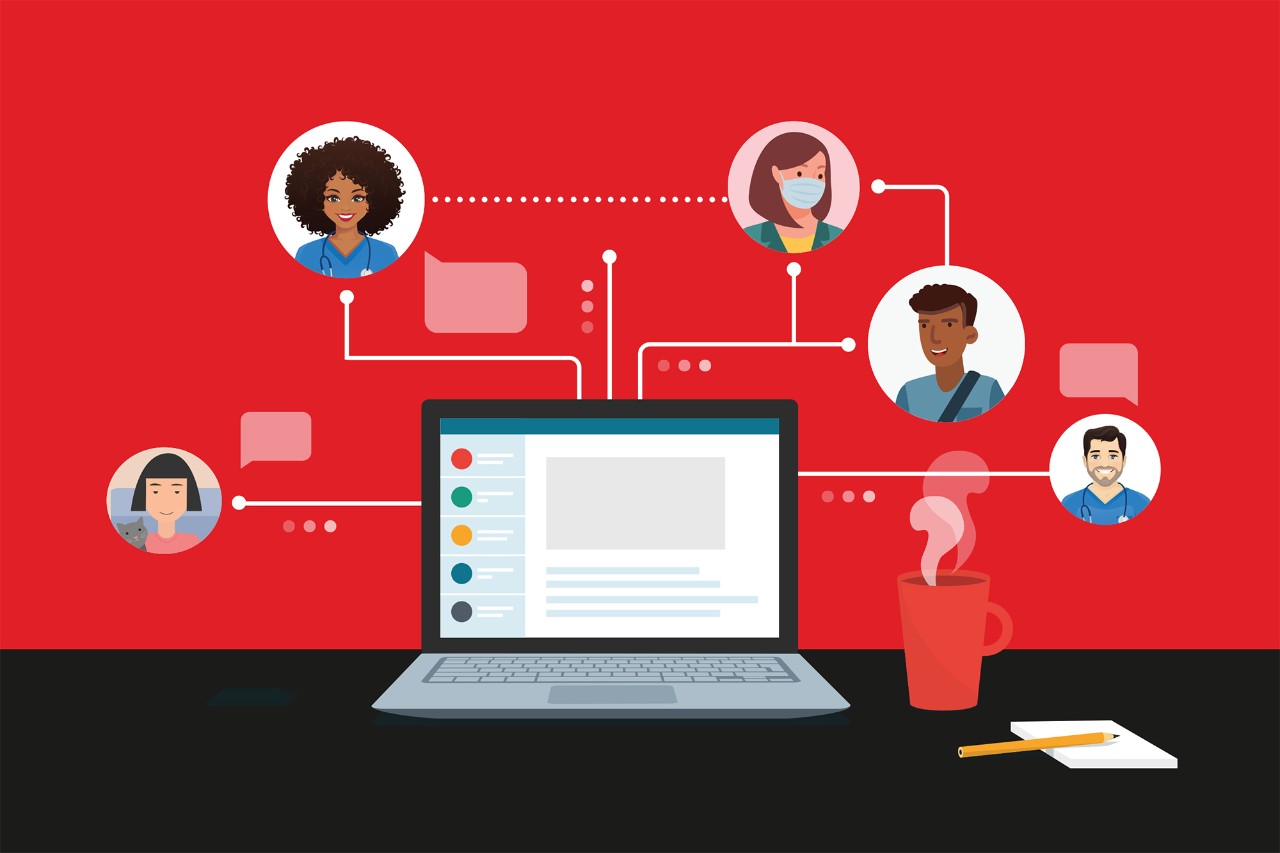 Illustration of laptop computer surrounded by health professionals headshots