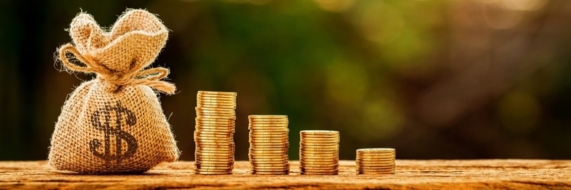 stacks of coins and a coin purse