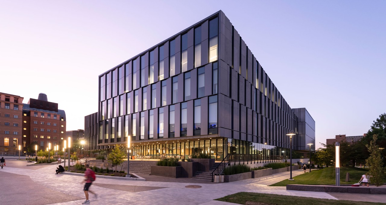 Lindner hall southeast exterior corner view at dusk