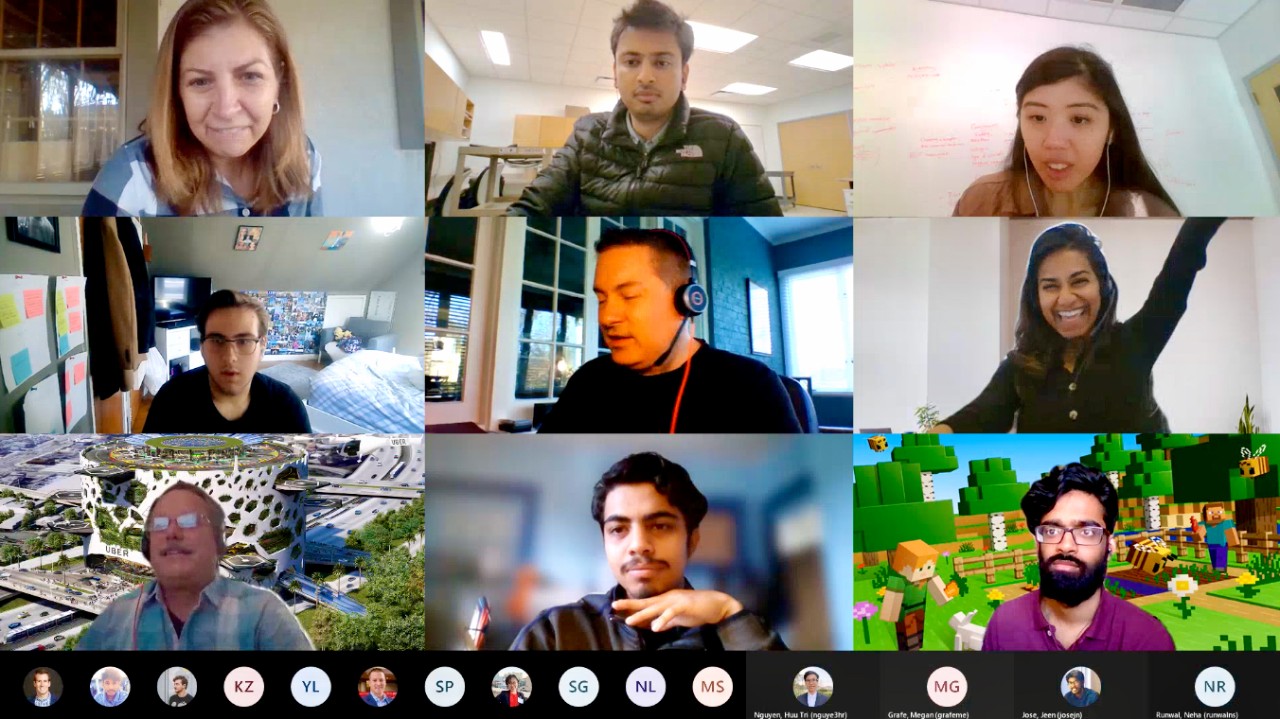 Computer screen showing nine people in a virtual meeting.