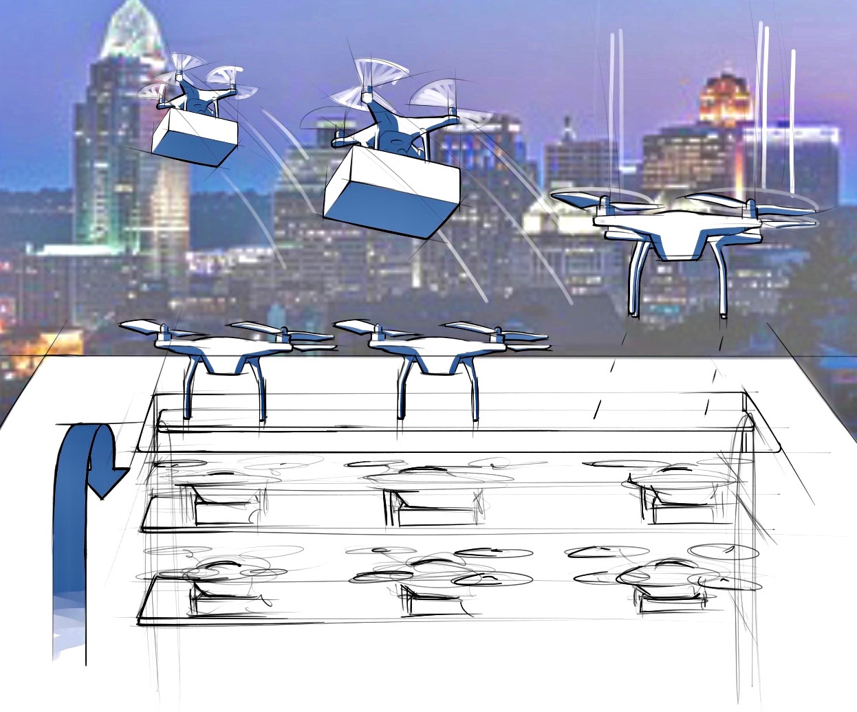 Rendering of drones taking off from a Vertiport carrying packages with a Cincy skyline in background.
