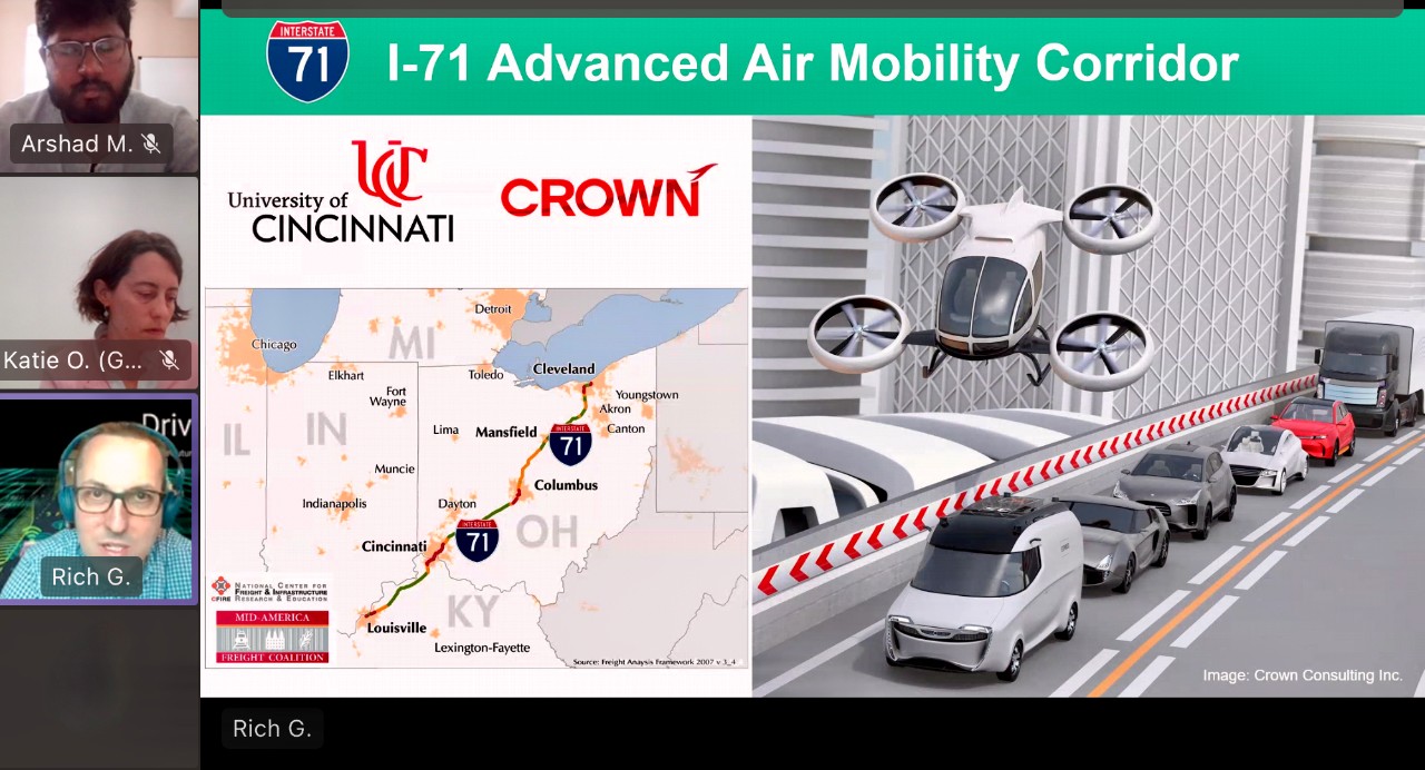 Virtual meeting with screen showing rendering of drone flying over cars.