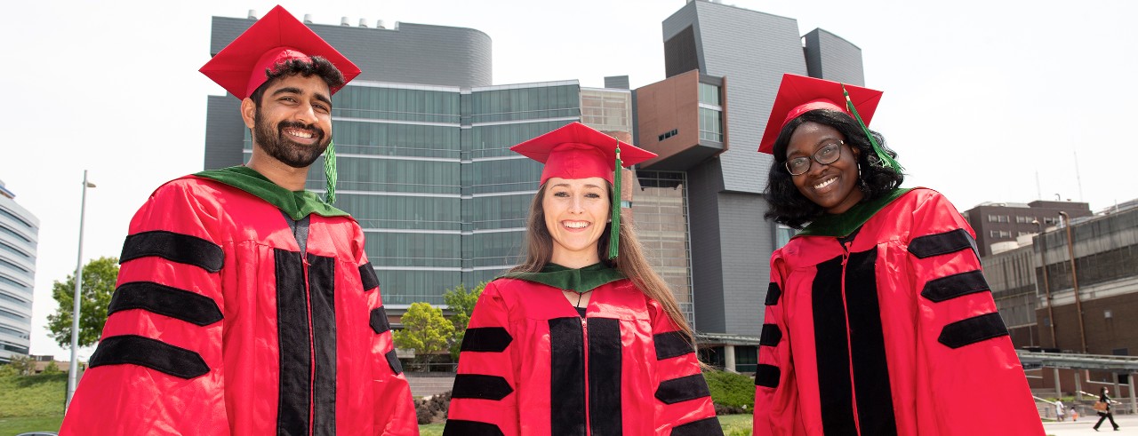 Shawn Krishnan, Cassandra Schoborg and Sarah Appeadu shown in front of the UC College of Medicine.
