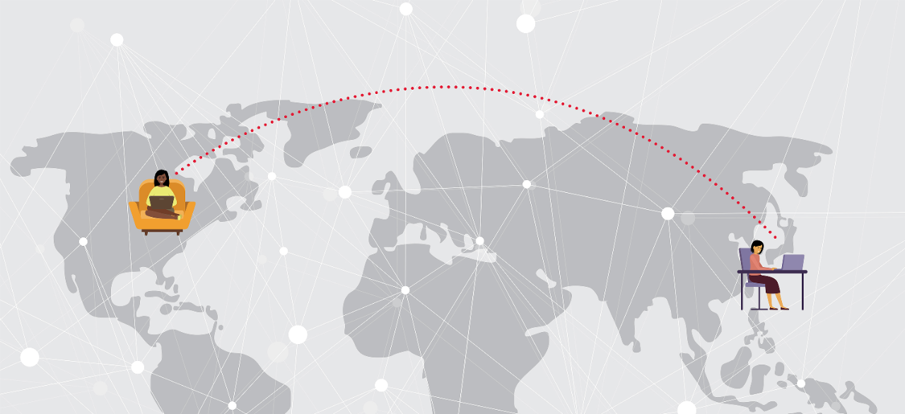 World map with connected students in Cincinnati and Japan