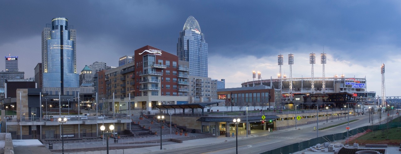 Downtown Cincinnati on an overcast night. 