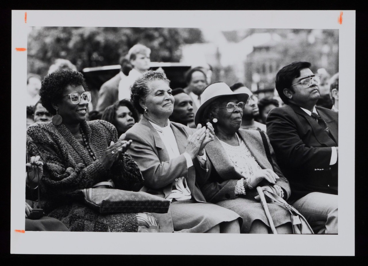 Black and white photo of AACRC opening in 1991 featuring Marian Spencer