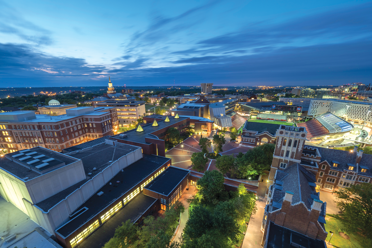 An aerial photo of the CCM Village on the campus of the University of Cincinnati. Image/UC Creative + Brand