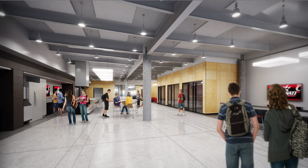 Rendering of Calhoun Hall's lobby space with students and vending machines.