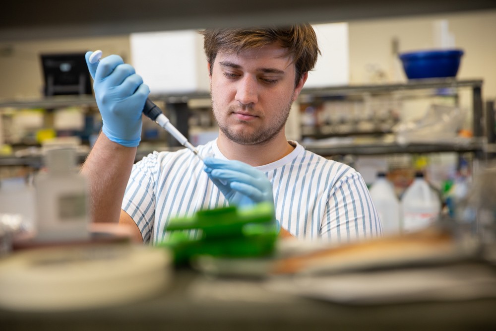 Chase Dietz wearing rubber gloves takes a sample in a lab.