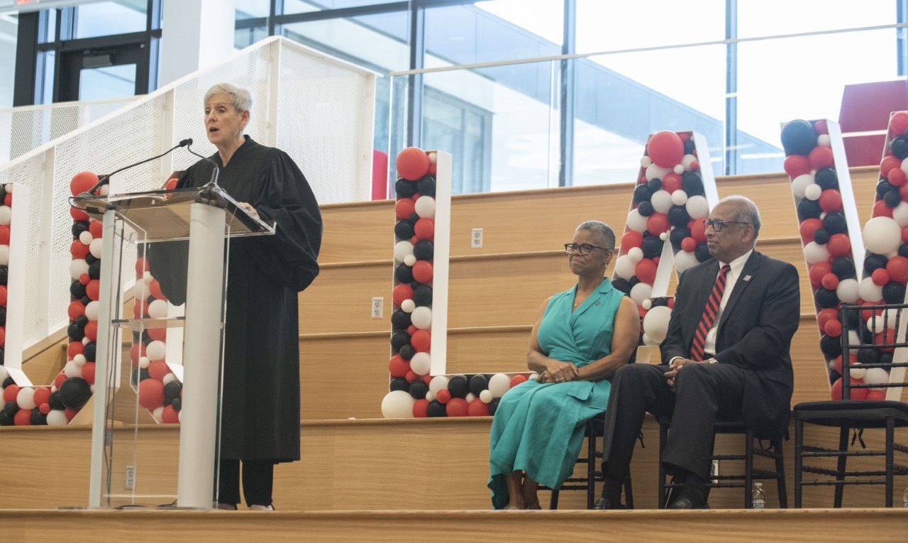 Ohio State Supreme Court Chief Justice Maureen O'Connor speaks during the grand opening for the UC College of Law. 