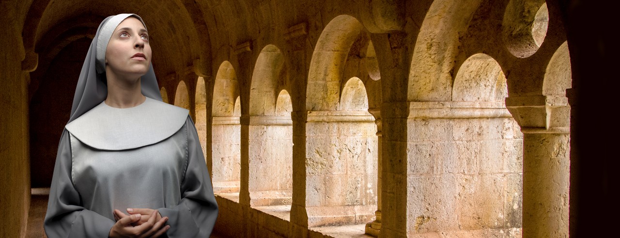 A promotional image for CCM's production of "Dialogues of the Carmelites," featuring a stock image of a nun.