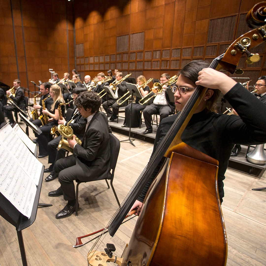CCM wind ensembles rehearse in the newly renovated Patricia Corbett Auditorium.