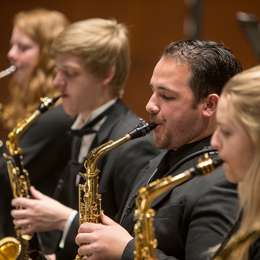 CCM wind ensembles rehearse in the newly renovated Patricia Corbett Auditorium.