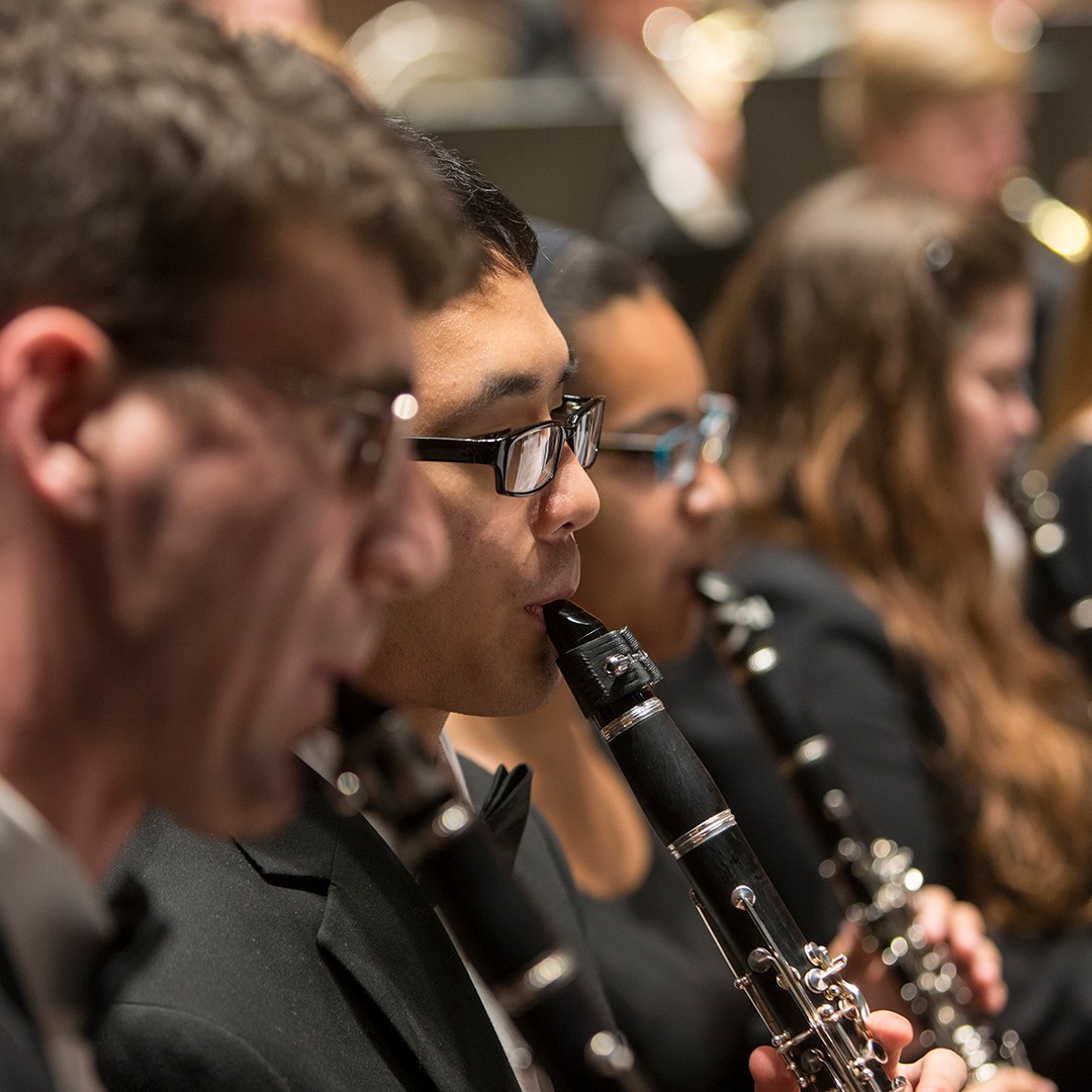 CCM wind ensembles rehearse in the newly renovated Patricia Corbett Auditorium.