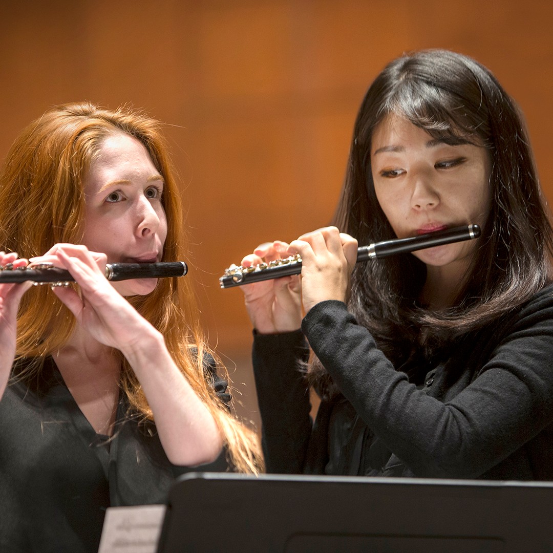 CCM wind ensembles rehearse in the newly renovated Patricia Corbett Auditorium.