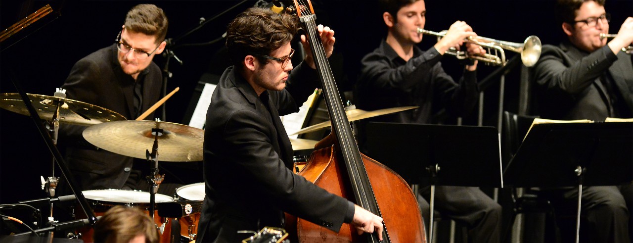 Students perform in the CCM Jazz Orchestra on the Corbett Auditorium stage. Photo/UC Creative + Brand