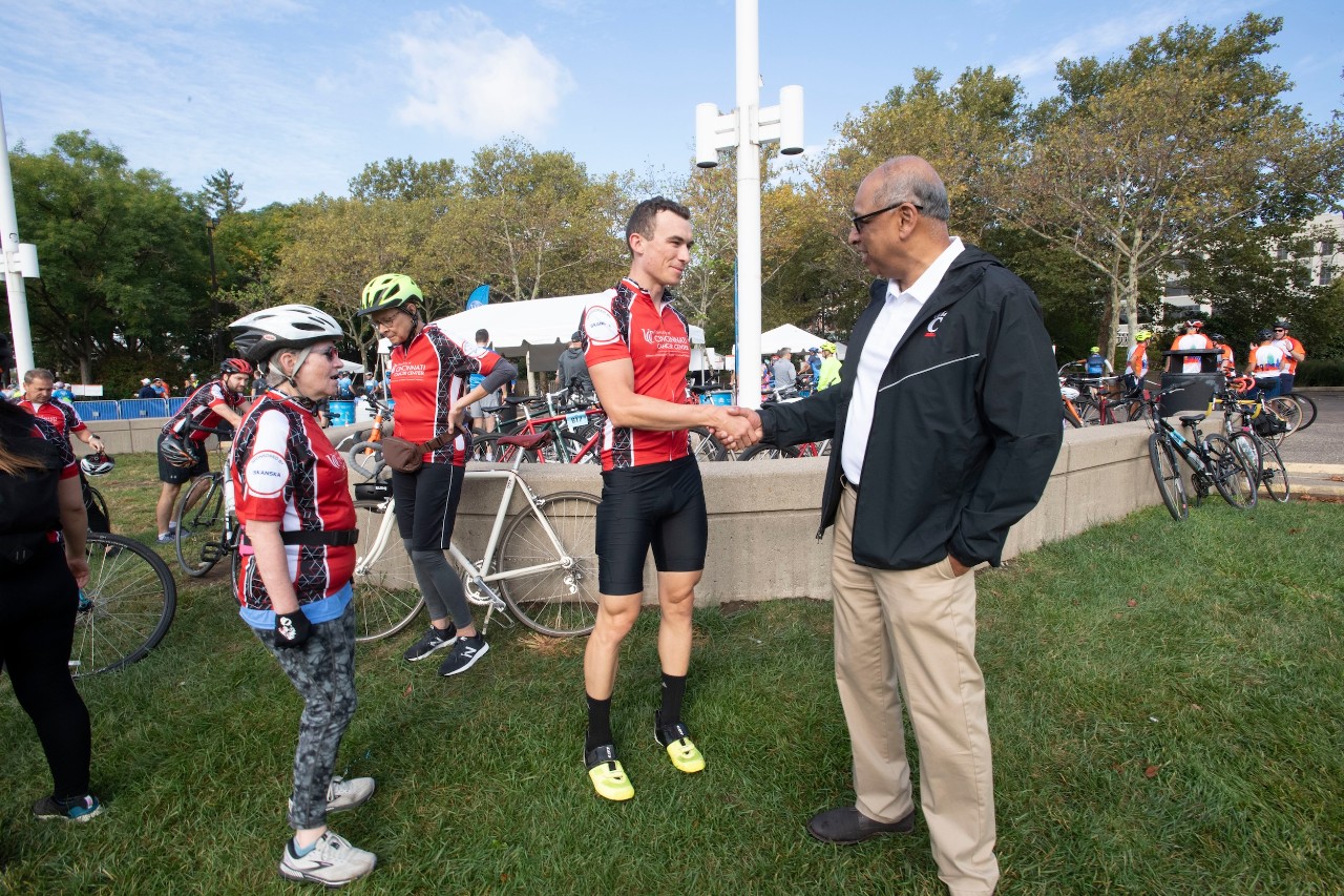 Dr. Neville G. Pinto, president of University of Cincinnati came down to Sawyer Point to support University of Cincinnati riders in the Ride Cincinnati event  Sunday September 17, 2023. Photos by Joseph Fuqua II 
