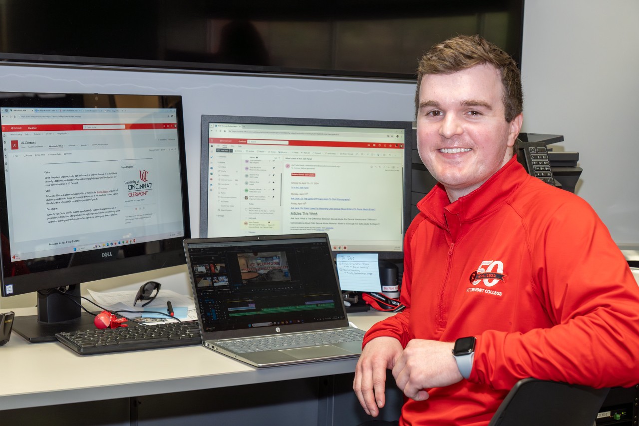 UC Clermont digital media graduate Nathan Gorman at his Cronin Scholars internship in Career Services