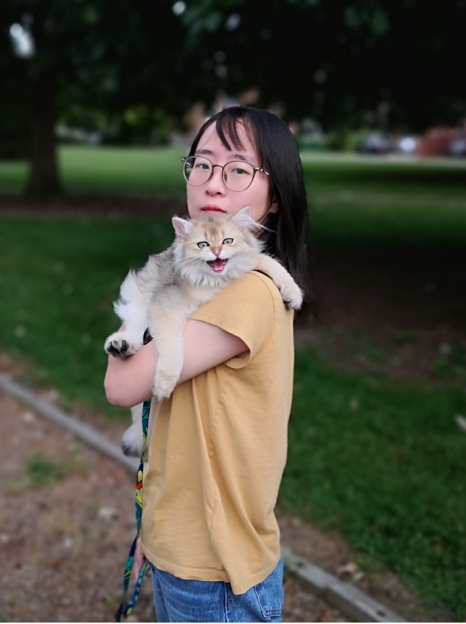 Yuxin Wang holds a fluffy cat and looks at the camera