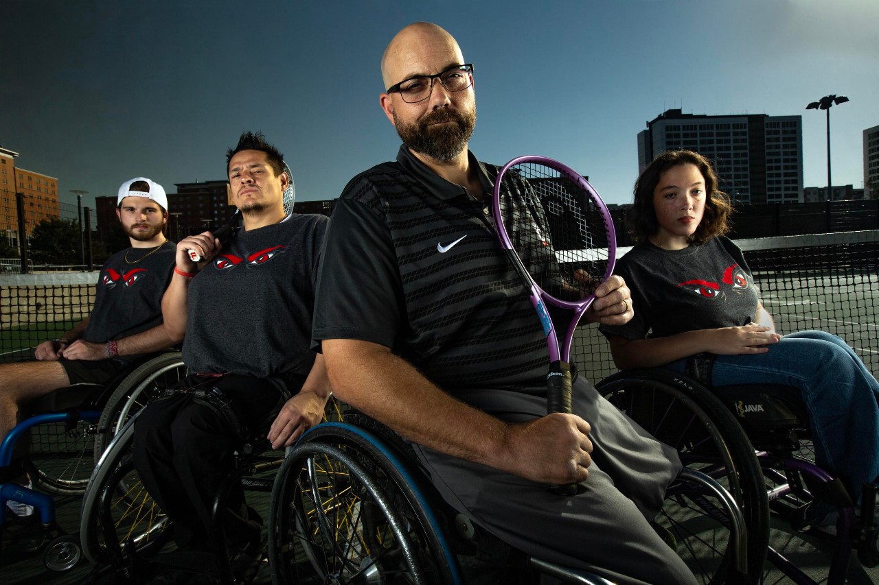 Jacob Counts, UC's Adaptive Athletics Coordinator, with UC's adaptive sports athletes. From left, Seth Miller, Jaime Mazzi, Jacob Counts, Logan Cover.