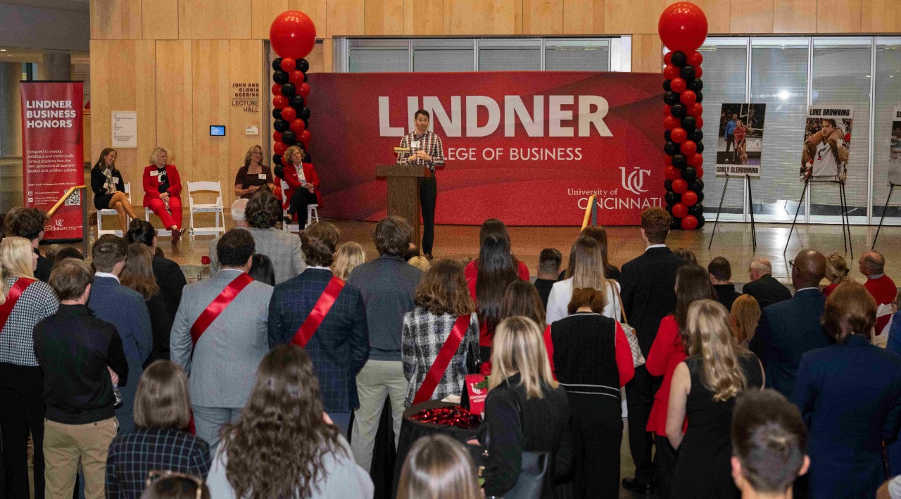 Marianne Lewis, Dean of University of Cincinnati College of Business spoke during Lindner College of Business Homecoming ceremony Wednesday October16, 2024 at the Lindner College of Business. Photos by Joseph Fuqua II 