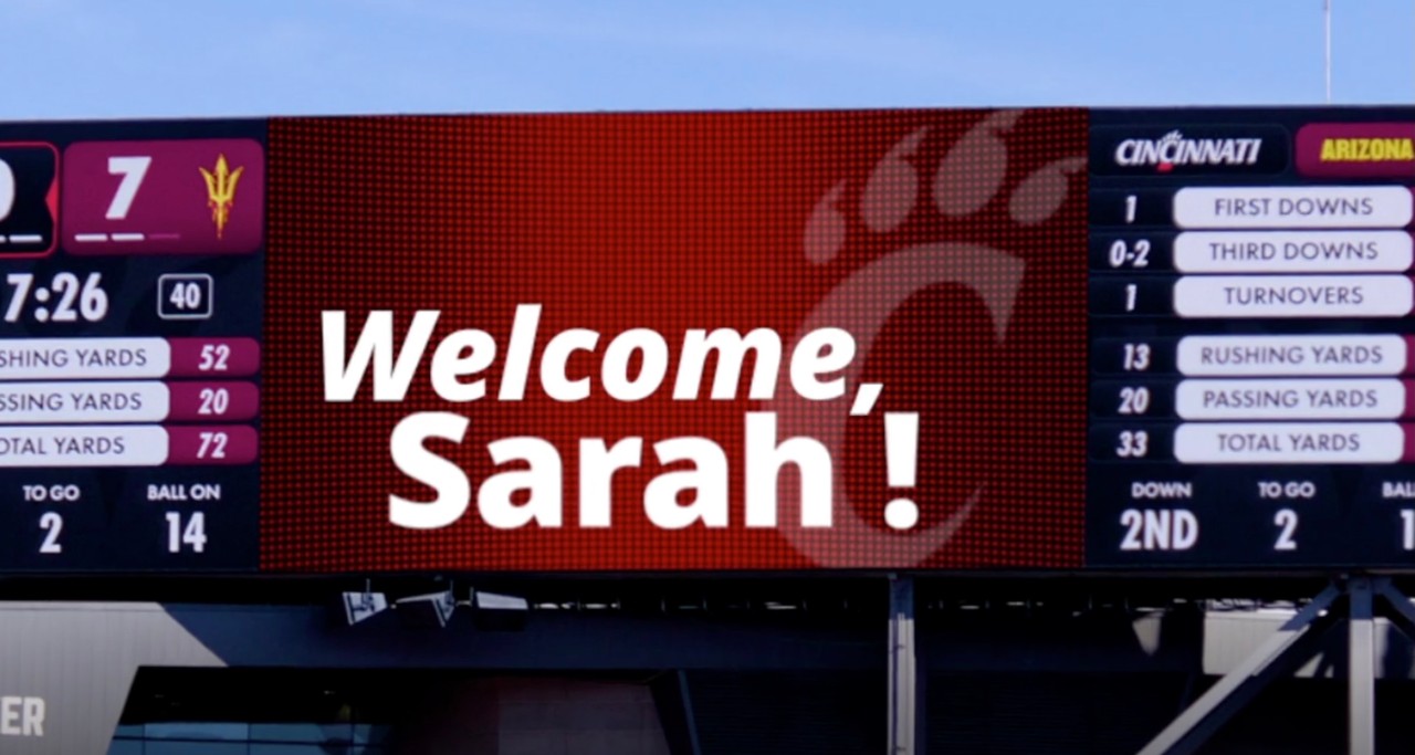 "Welcome, Sarah!" on the Nippert Stadium Jumbotron