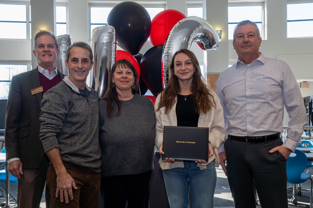 From left: UC Clermont Dean Jeff Bauer, Jason Hathcock, Debbie Hathcock, Lily Hathcock and Bethel-Tate Principal George Sturgeon. 