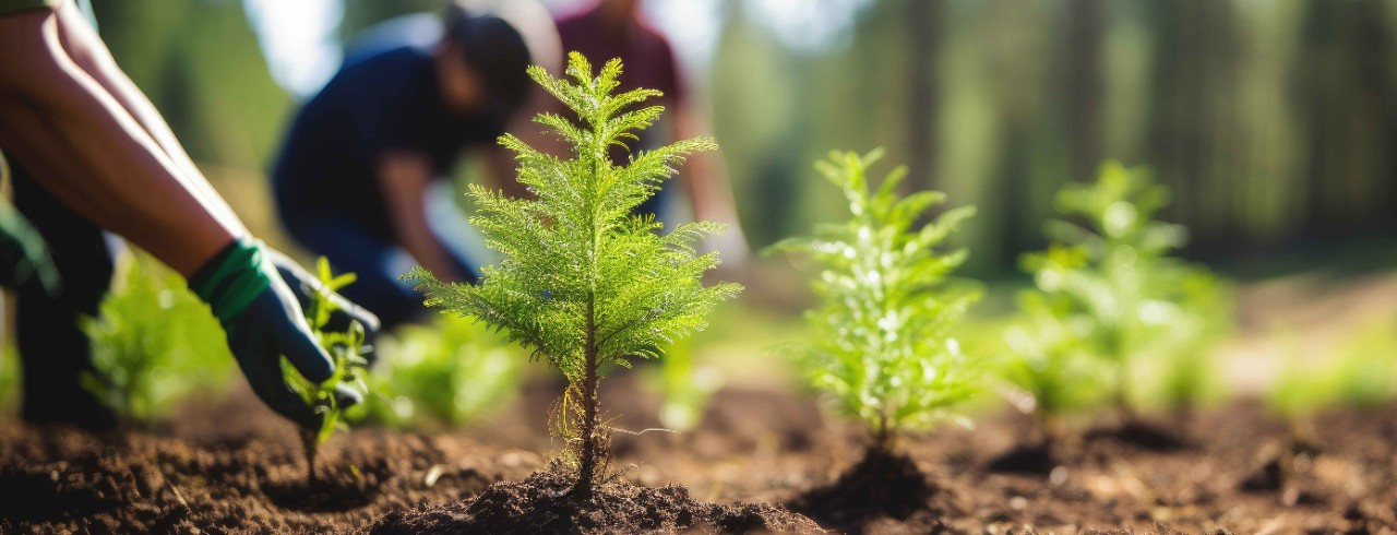 A pair of hands plants a tree sapling