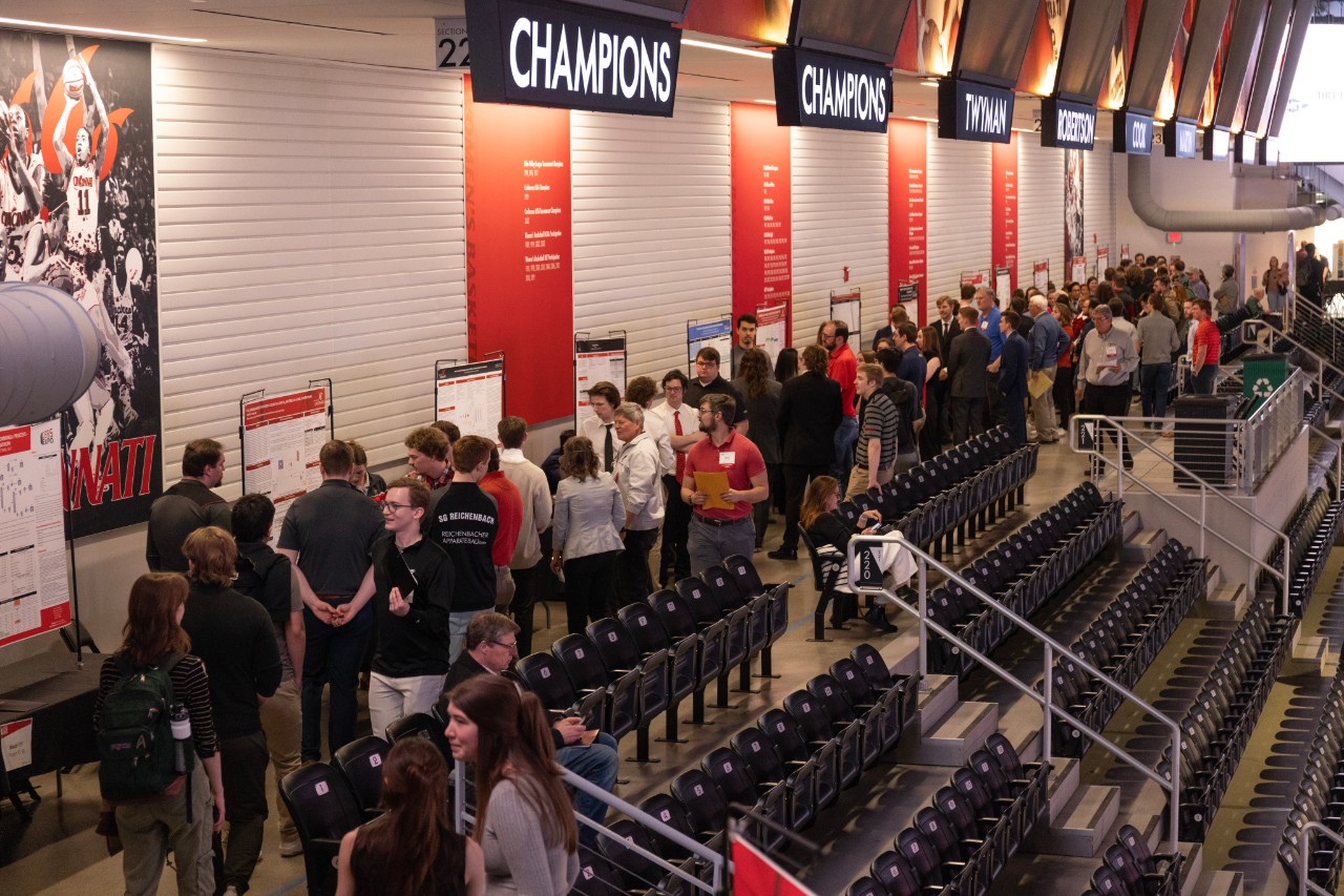 An upper angled shot of the 2nd floor concourse in Fifth Third Arena during the CEAS EXPO