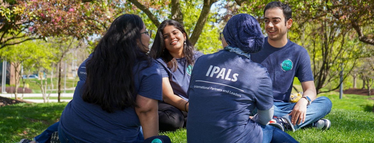 A group of students wearing IPALs t-shirts chat with each other, sitting in the grass.