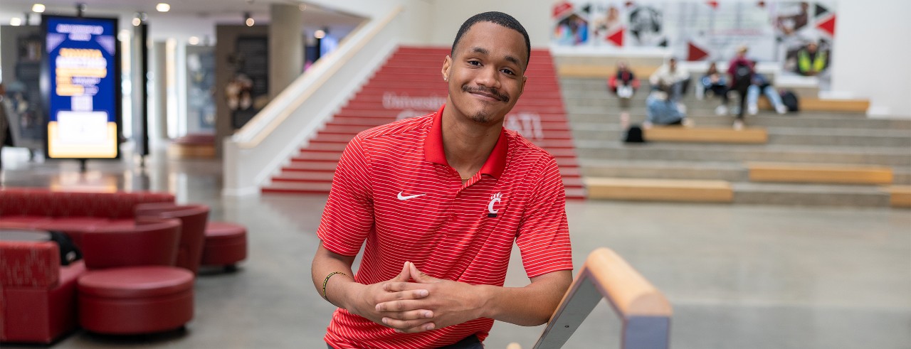 Khalid Davis shown in the Lindner College of Business on the UC campus