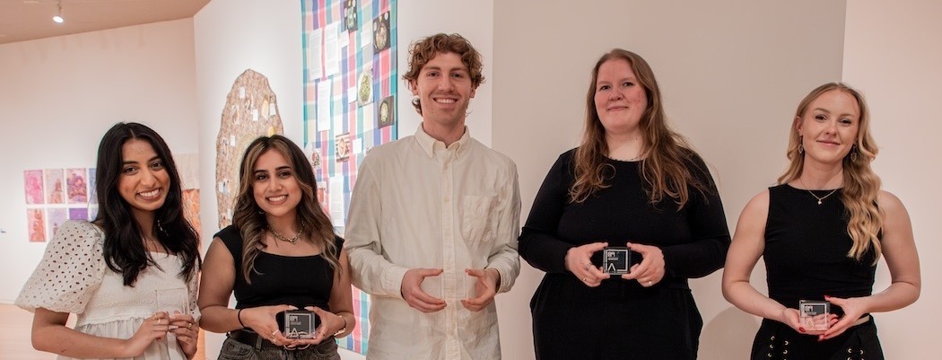 DAAPworks 2025 award winners, left to right: Shahar Ahmad, Alina Hyder, Wesley Reed, Miriam Kolis and Alexandra Fernholz. Photo/Mary Dwyer
