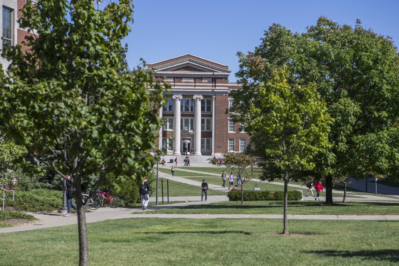 University of Cincinnati's Baldwin Hall through the trees 