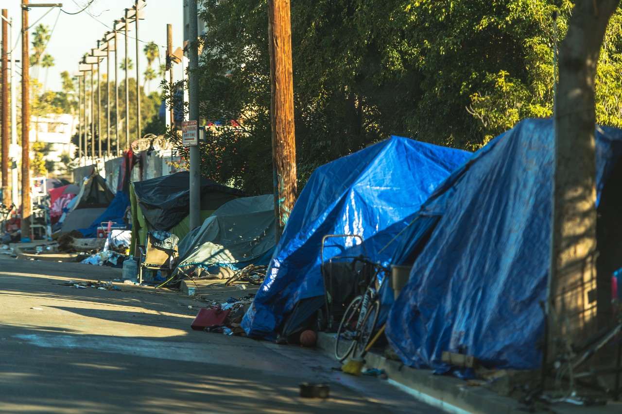 A homeless tent camp in West Hollywood, CA.